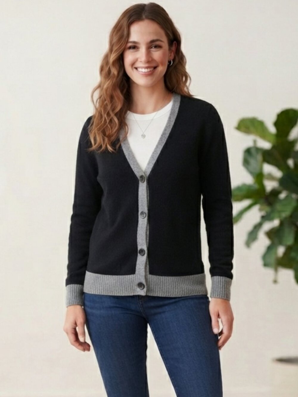 CASLON Black Gray Colorblock V-Neck Cardigan Sweater XSP Angora Blend Soft Knit